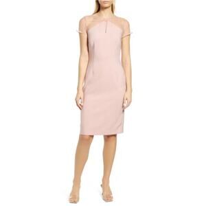 JS Collections Short Sleeve Bow Trimmed Neck Sheath Cocktail Dress Pink Size 14